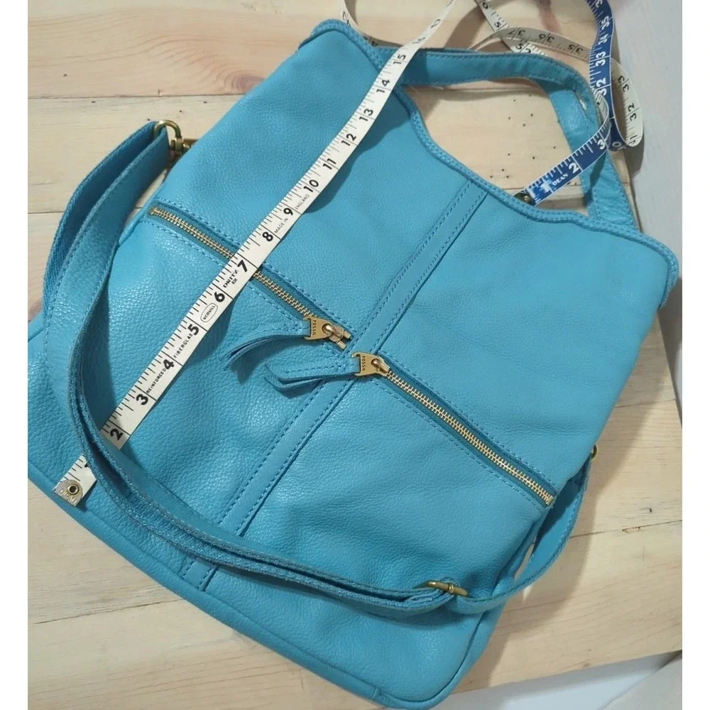 Fossil Erin Tidal Blue Soft Pebbled Leather Fold Over Crossbody Zipper Pockets